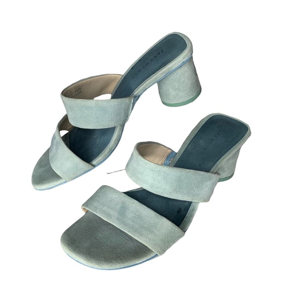 ZARA Sandals Size 6.5 (37) baby blue chunky 2.25" heels